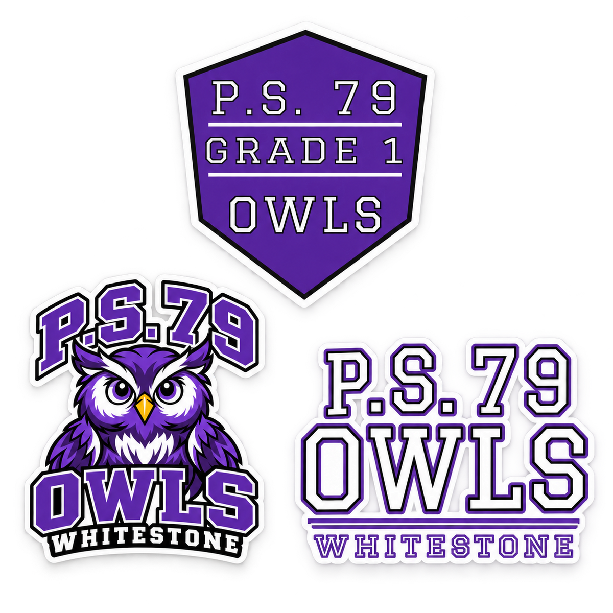 P.S. 79 Owls Grade 1 3-Piece Sticker Pack in Purple / Black / White