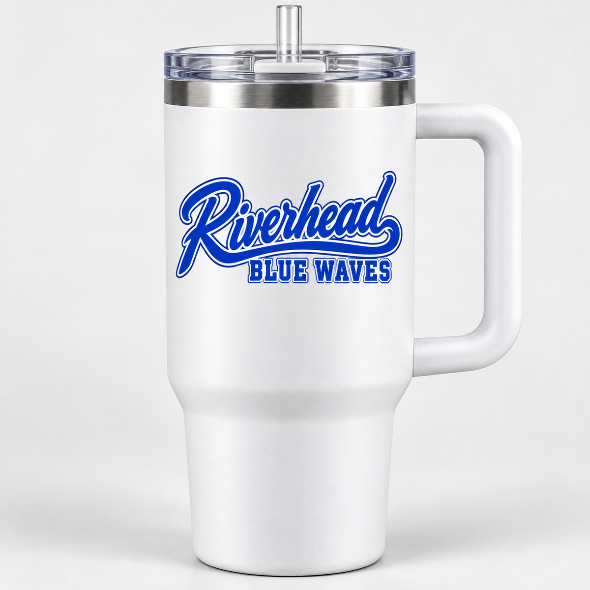 White Riverhead Blue Waves baseball script 40 oz handled tumbler with clear lid and straw