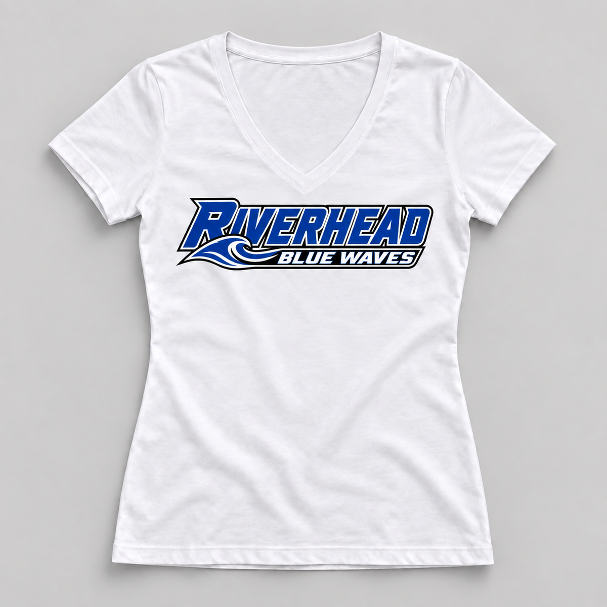 Riverhead Blue Waves pro slant women's V-neck T-shirt in White, front view