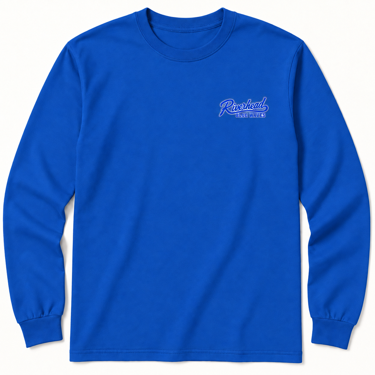 Riverhead Blue Waves Royal long-sleeve tee with small baseball-script left-chest print; front view