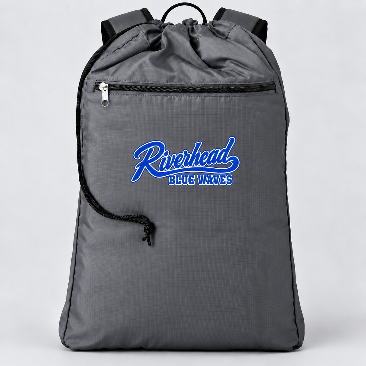 Riverhead Blue Waves baseball-script grey ripstop cinch backpack, front zip pocket and blue-and-white print