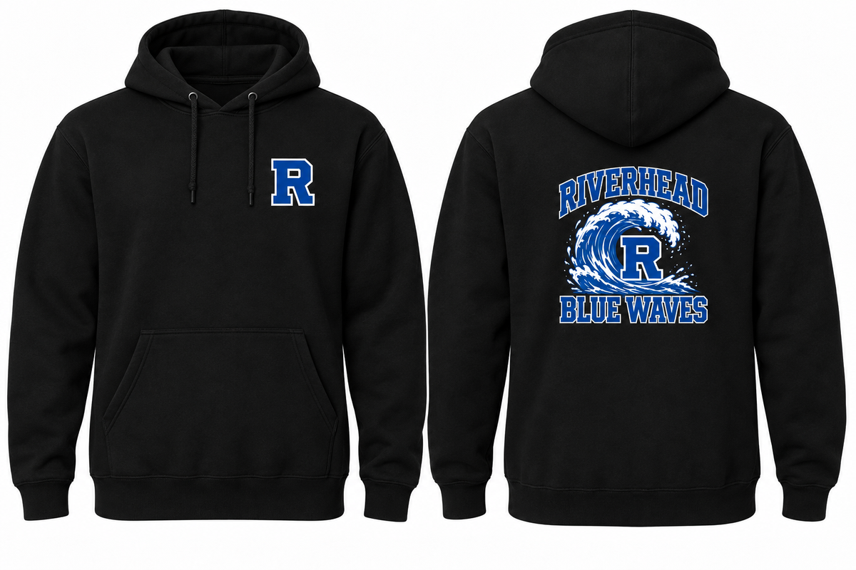 RIVERHEAD BLUE WAVES black hoodie front and back