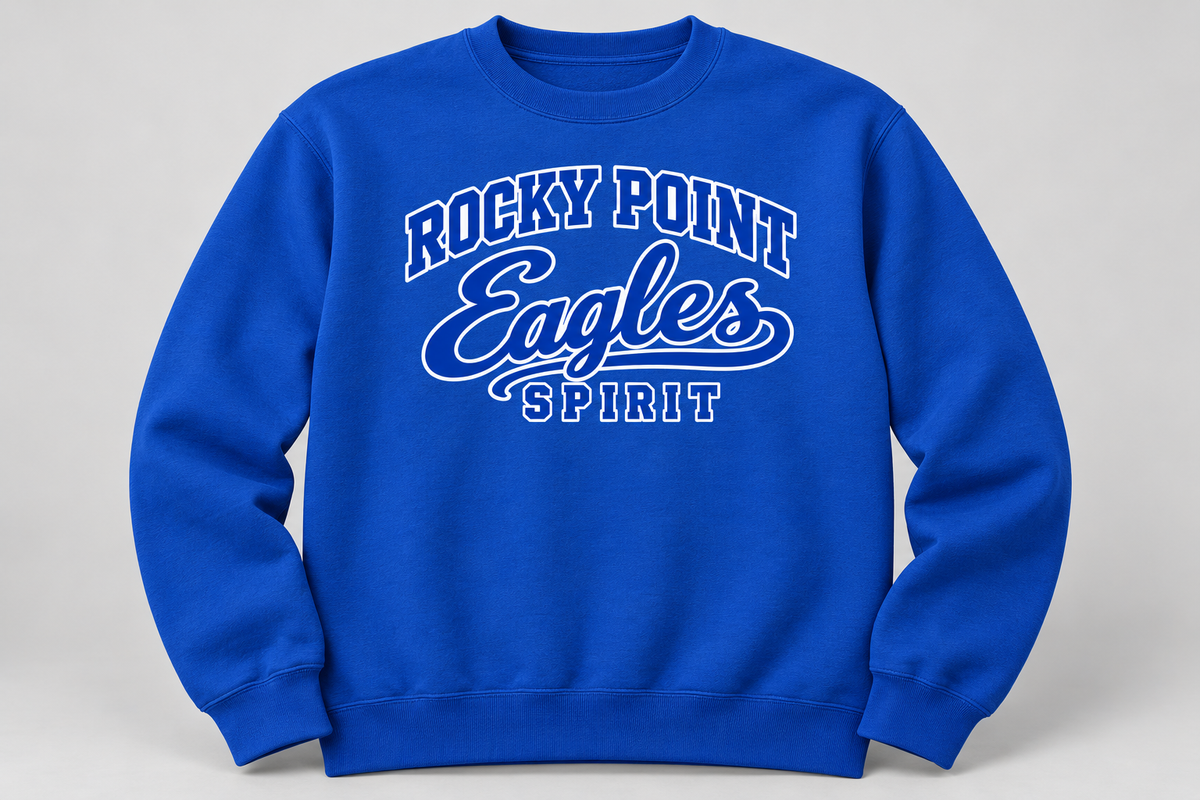 Rocky Point Eagles Spirit varsity-script Royal crewneck, single front view with blue-and-white lettering