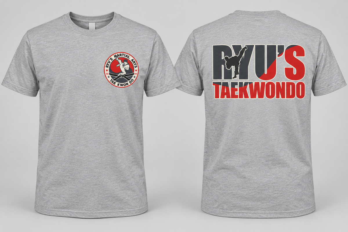Heather Gray Ryu's Classic T-Shirt front and back mockup