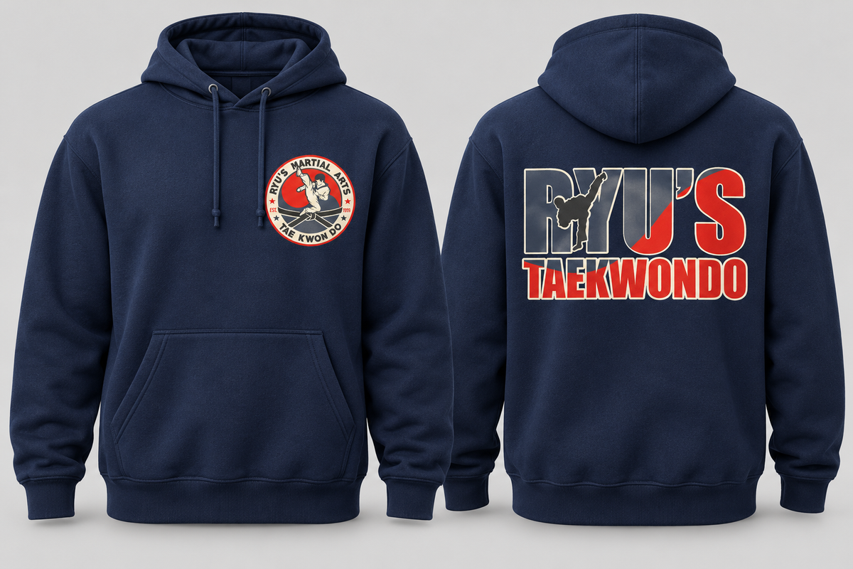 Navy Ryu's Independent Pullover Hoodie front and back mockup