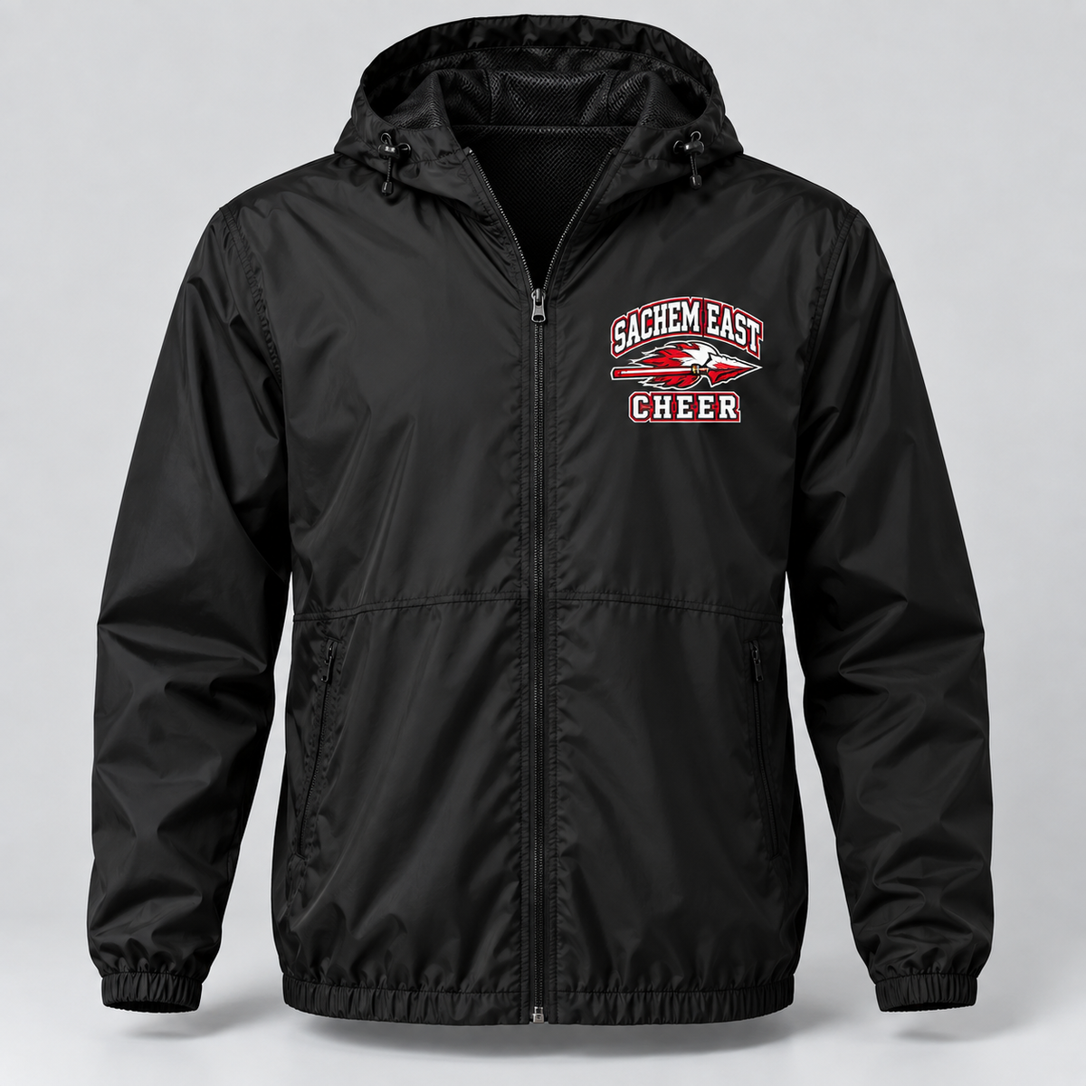 Sachem East Cheer Flaming Arrow Crest Full-Zip Windbreaker product mockup