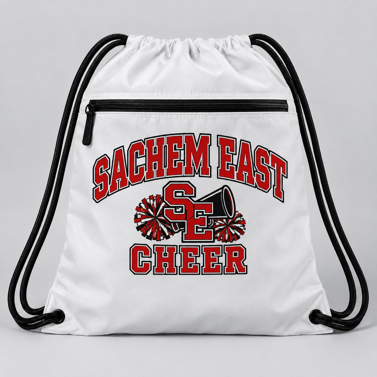 Sachem East Cheer Zip-Pocket Drawstring Bag product mockup