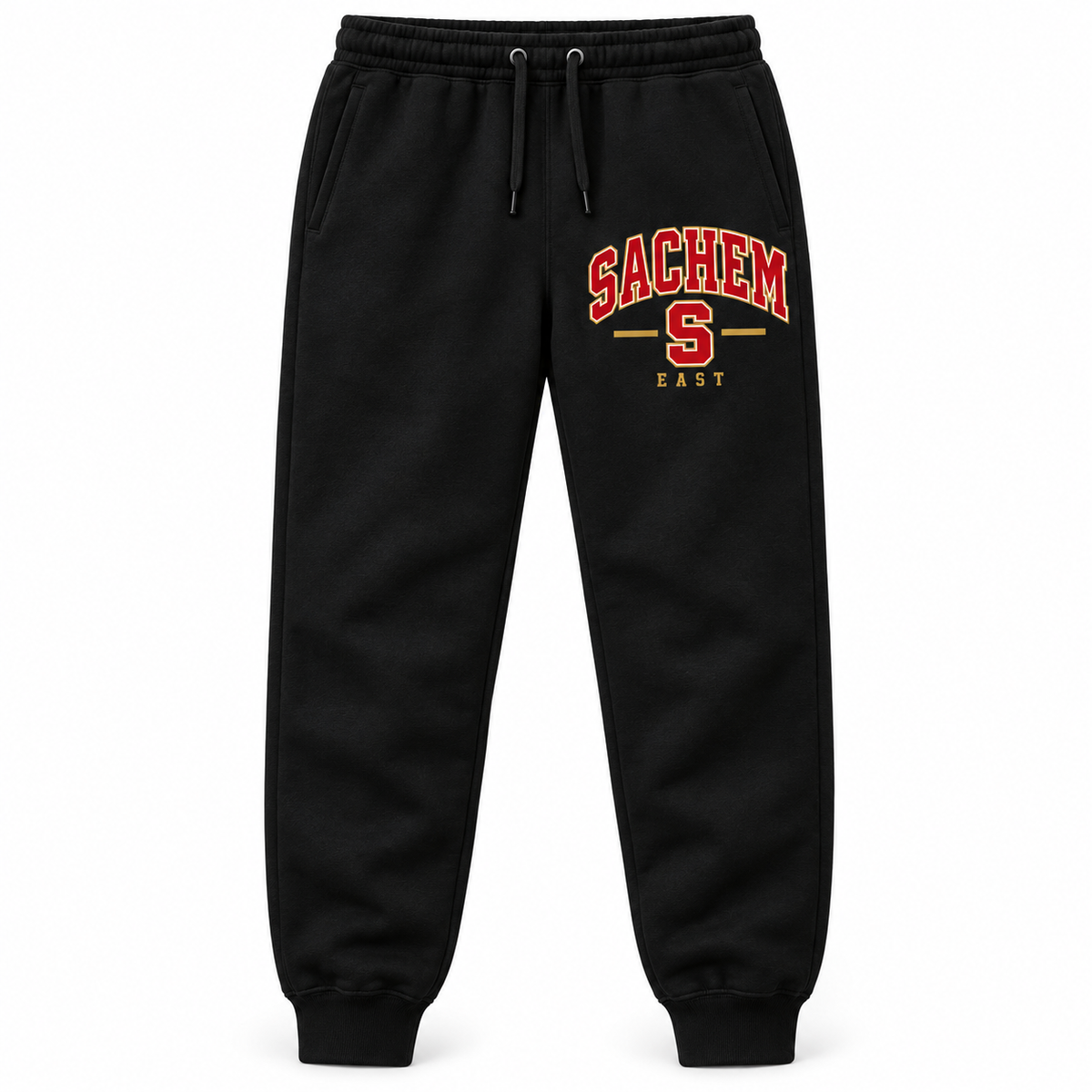 Sachem East Heritage S Fleece Joggers in Black with collegiate lettering