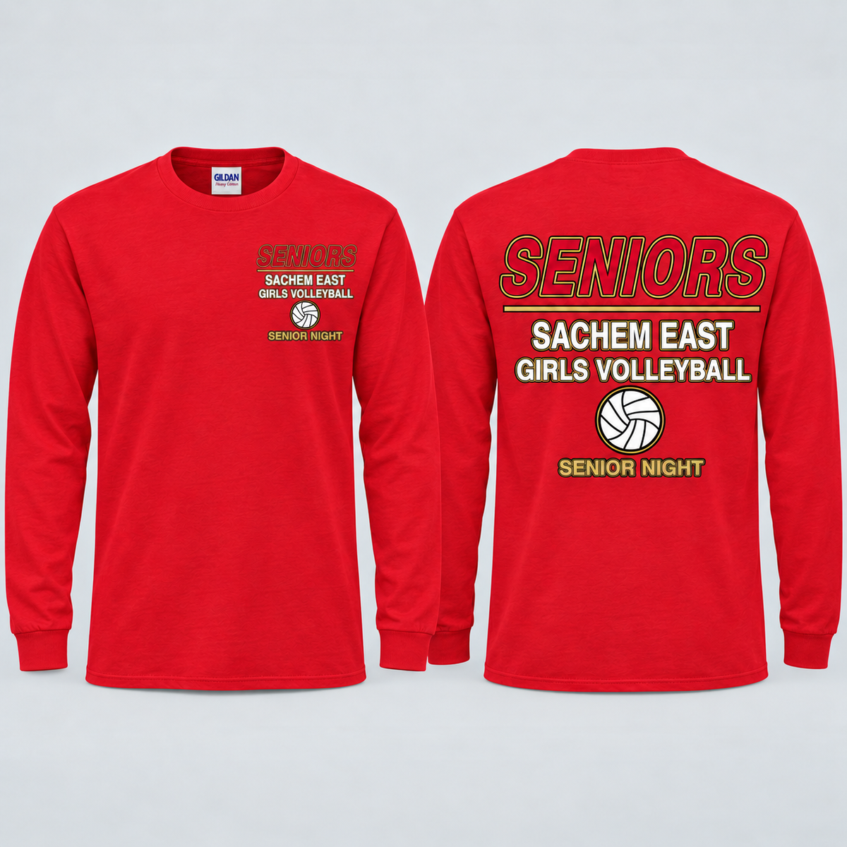 Sachem East Girls Volleyball Seniors Statement Senior Night long-sleeve T-shirt in Red; front left-chest print and full back print shown side by side.