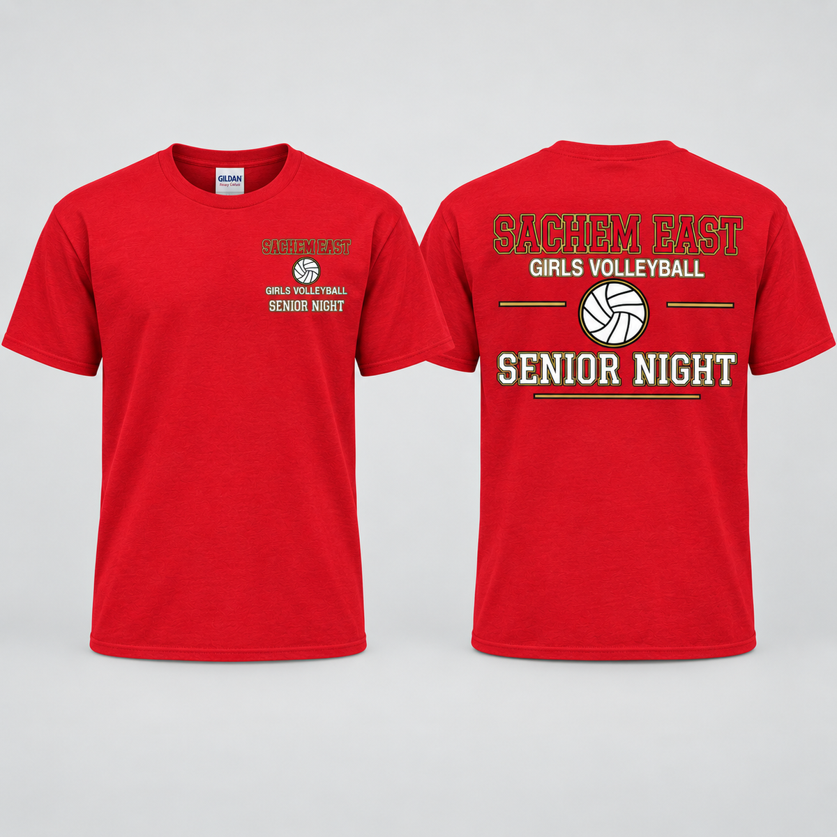 Sachem East Girls Volleyball Varsity Senior Night short-sleeve t-shirt in Red; front left-chest print and full back print shown side by side.