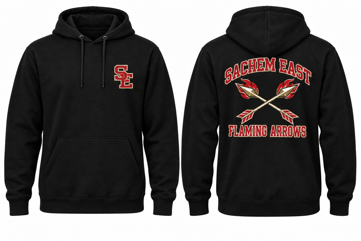 SACHEM EAST FLAMING ARROWS black hoodie front and back
