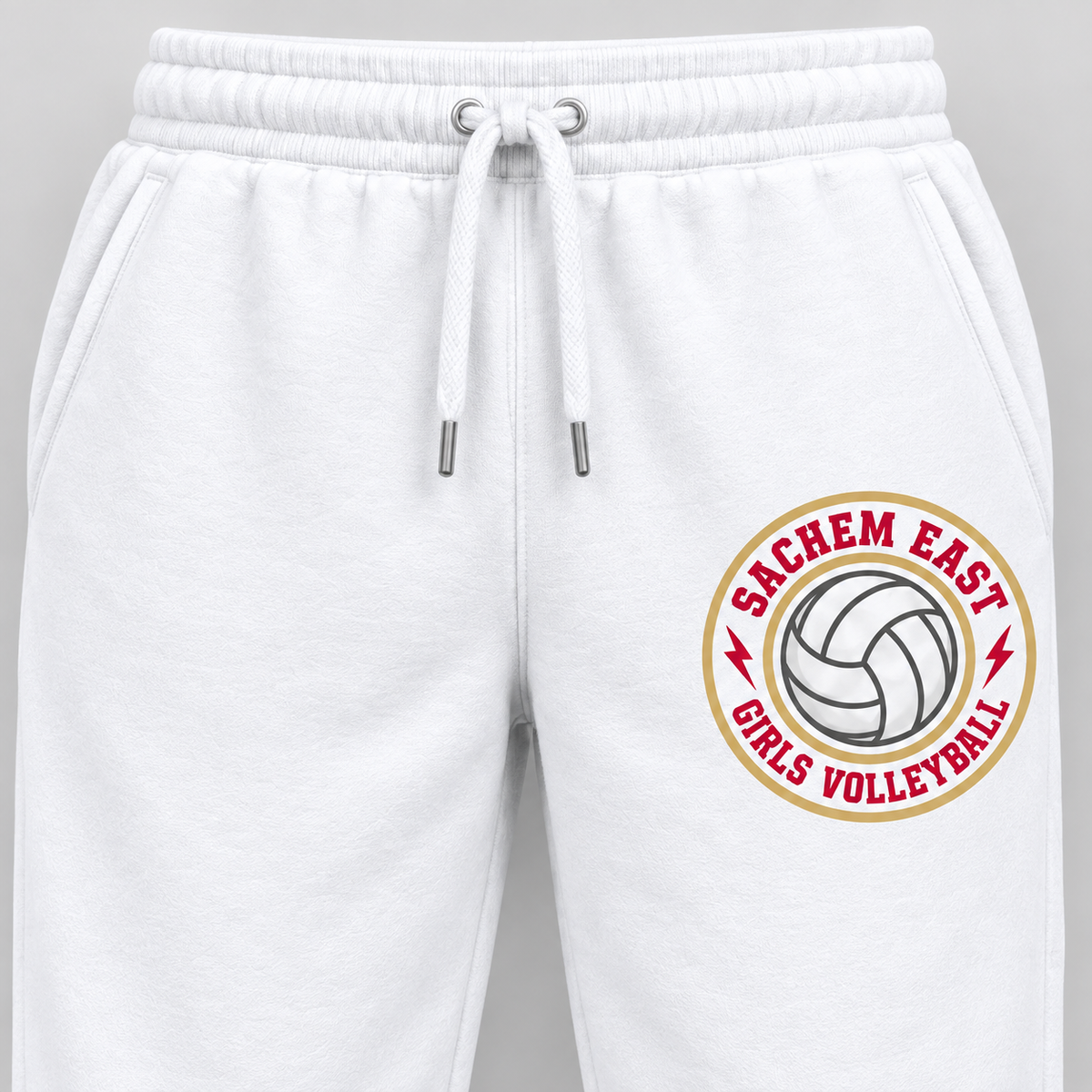 Sachem East Girls Volleyball Ace Club Joggers in White, close-up of the red-and-gold left-thigh volleyball print