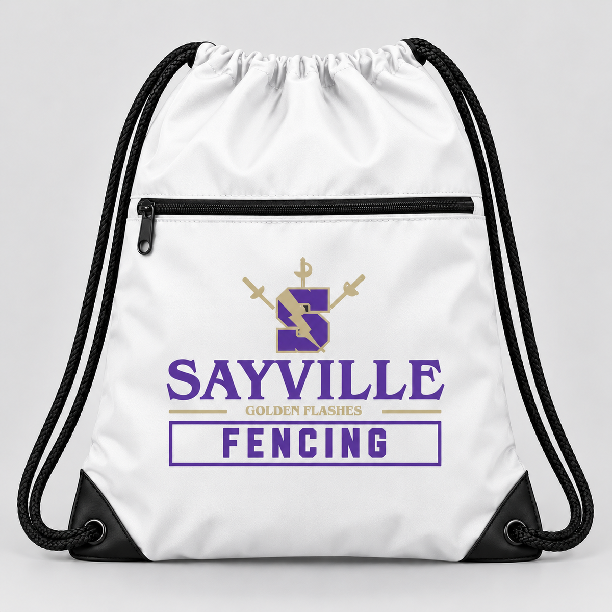 White Sayville Fencing Zip-Pocket Drawstring Bag