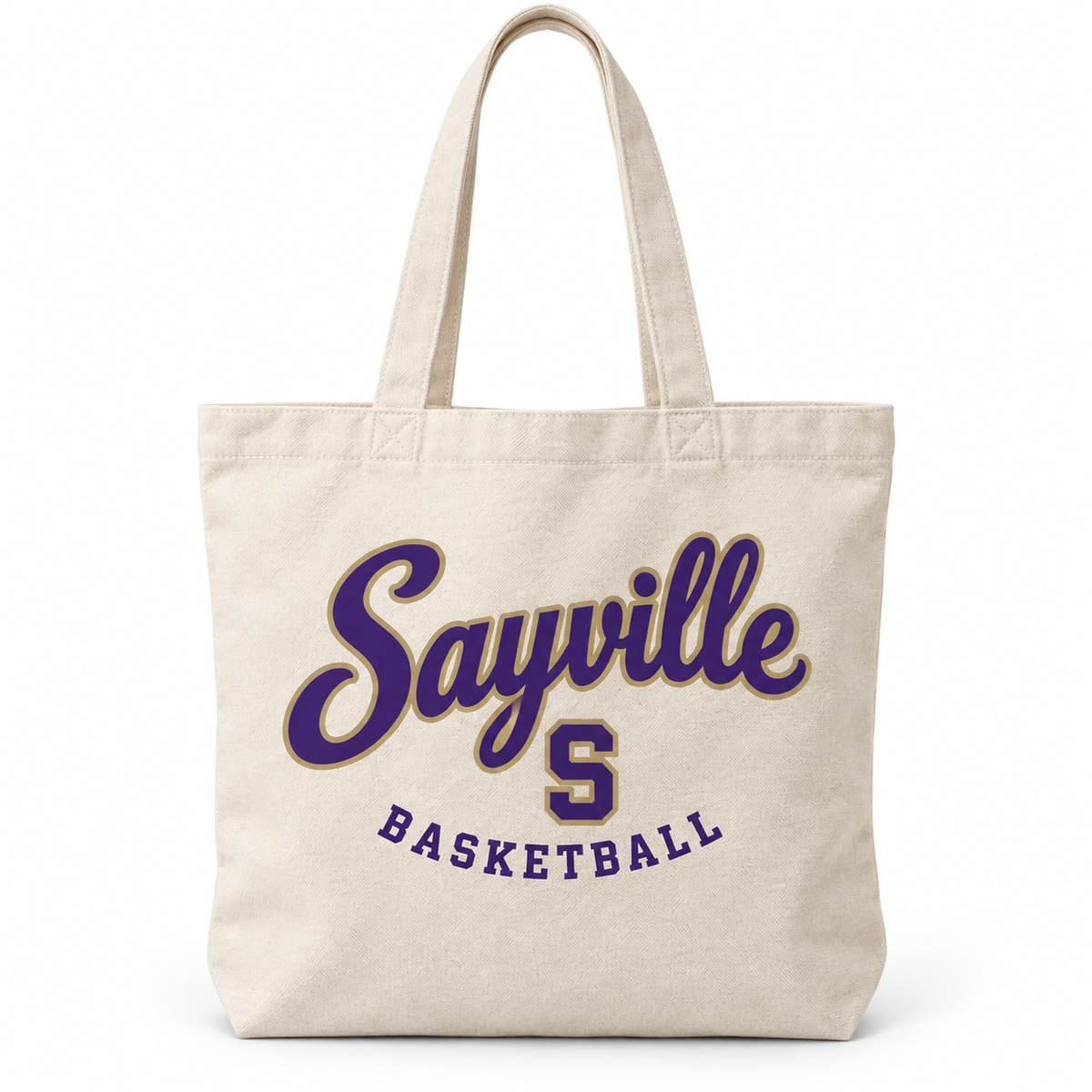 Sayville Girls Basketball Heritage Script Canvas Tote in Natural