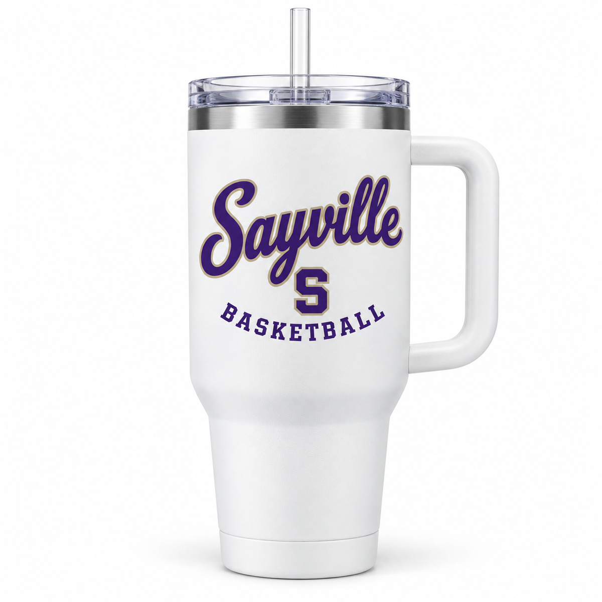 Sayville Girls Basketball Heritage Script 40 oz Handled Tumbler in White