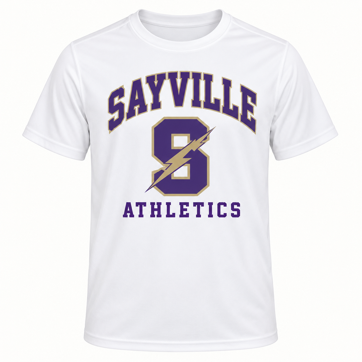Sayville Lightning S Youth Performance Tee in White; General Spirit artwork