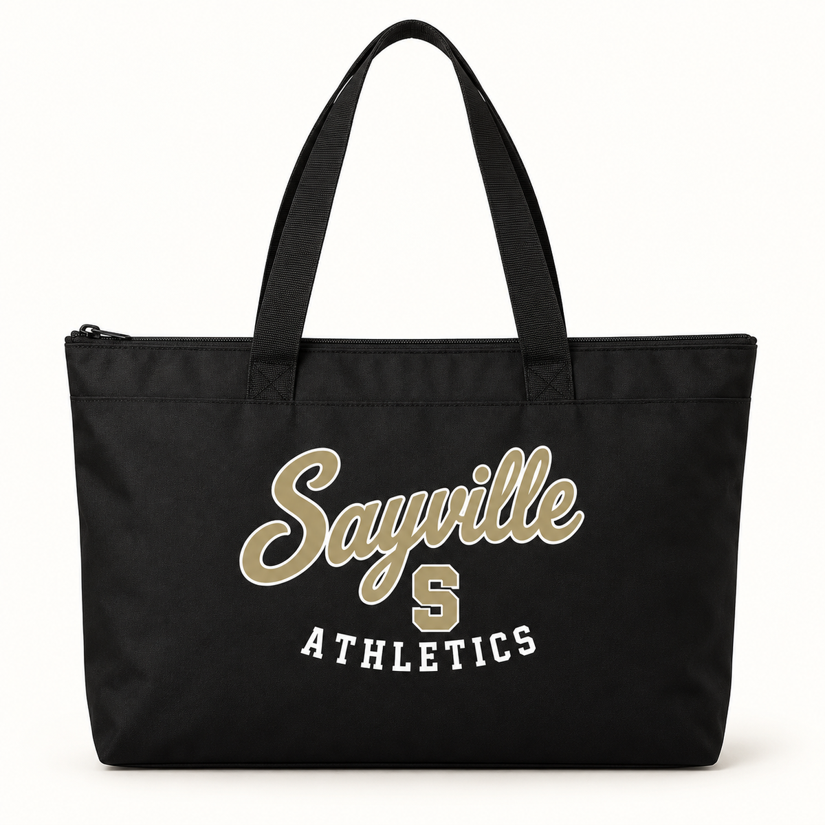 Sayville Heritage Script Zippered Tote in Black; General Spirit artwork