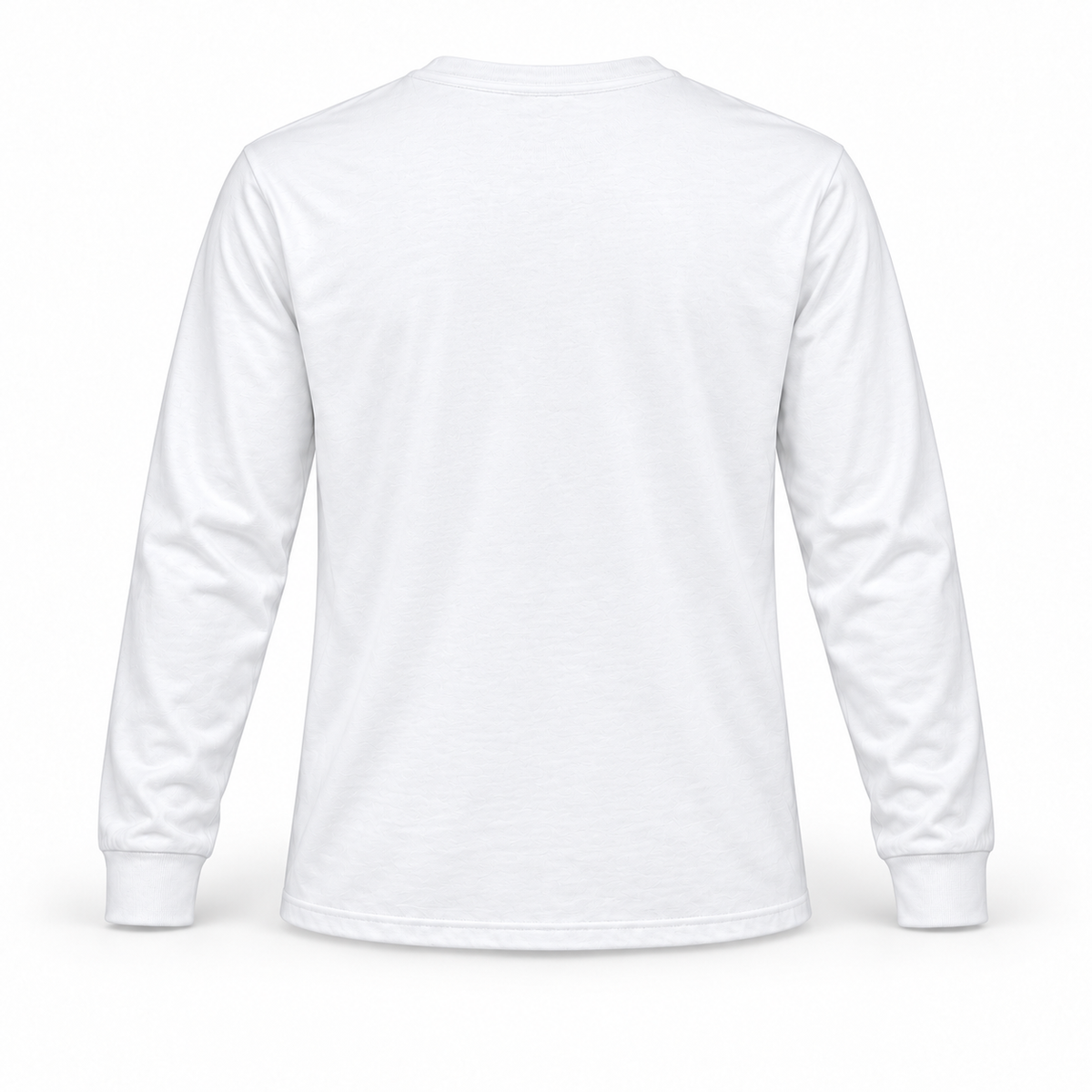 Plain white long-sleeve T-shirt back with ribbed cuffs and straight stitched hem; no back print
