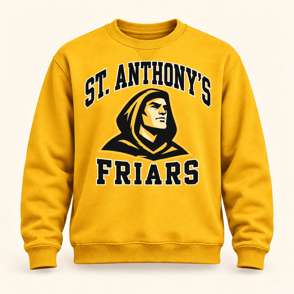St. Anthony's Varsity Friar Crewneck Sweatshirt in Gold — front view, independent Friars fan gear by 47 Swag Co