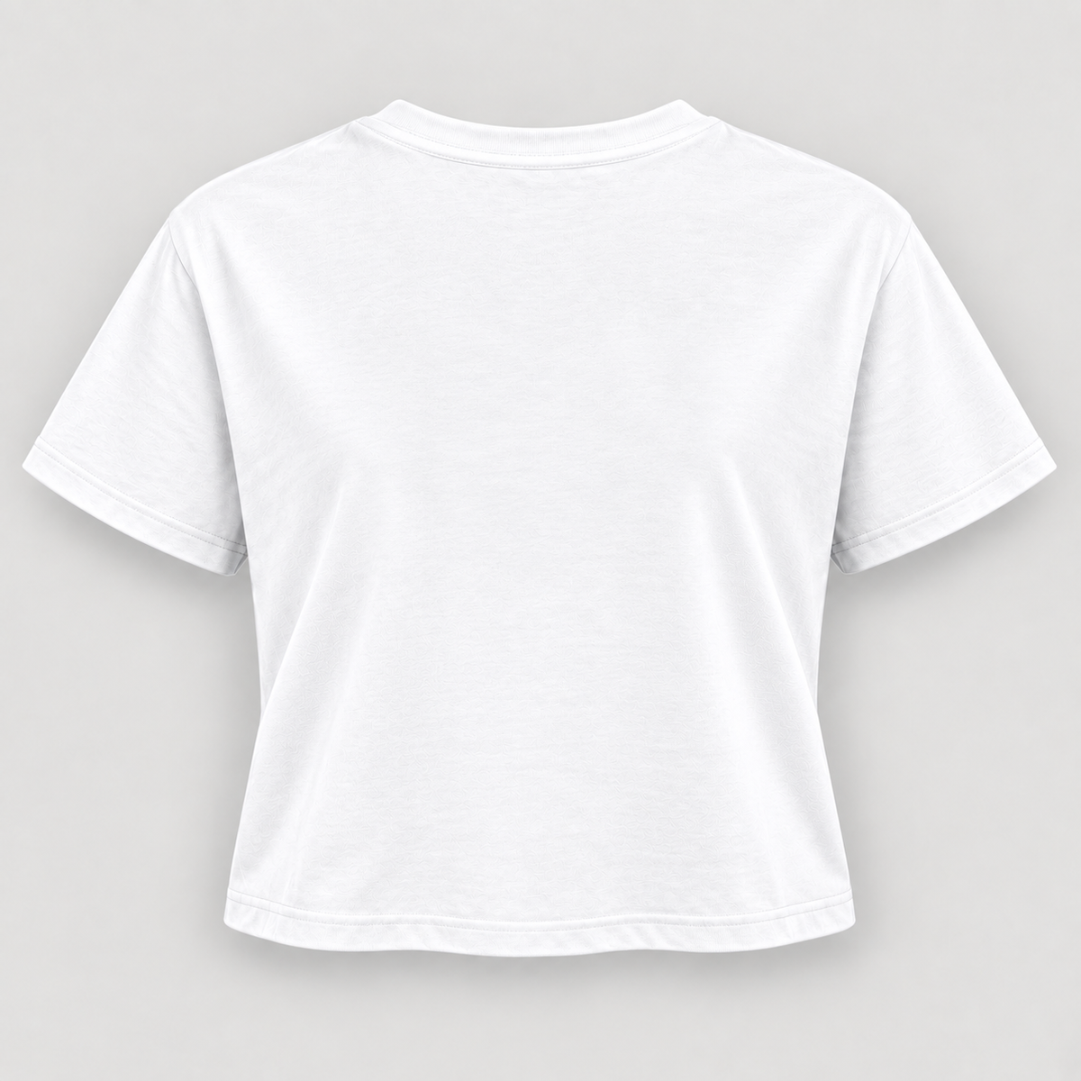 Plain white women's waist-length crop tee back with short sleeves and a stitched hem; no back print