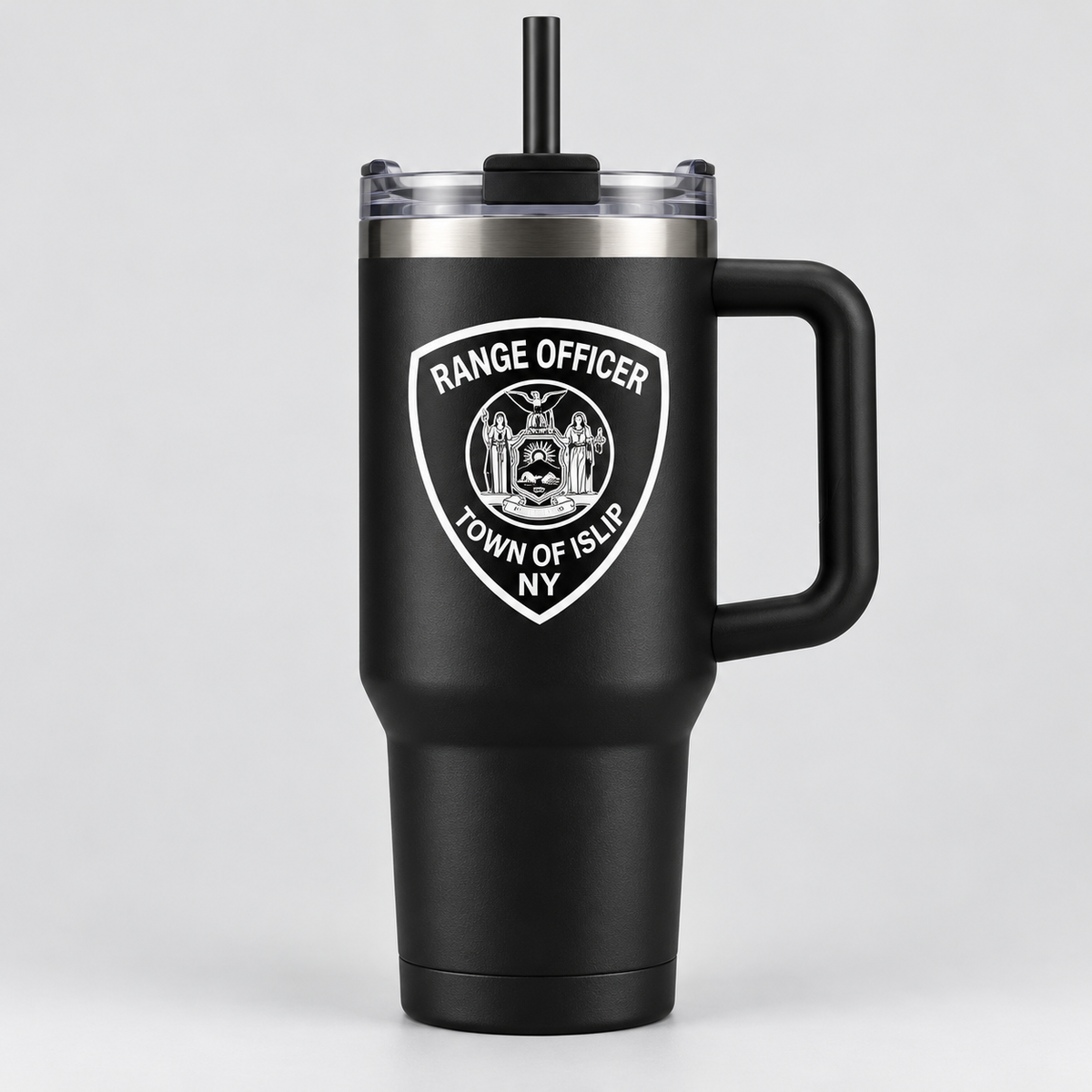 Town of Islip Range Officer 40 oz Handled Shield Tumbler - Black shield design