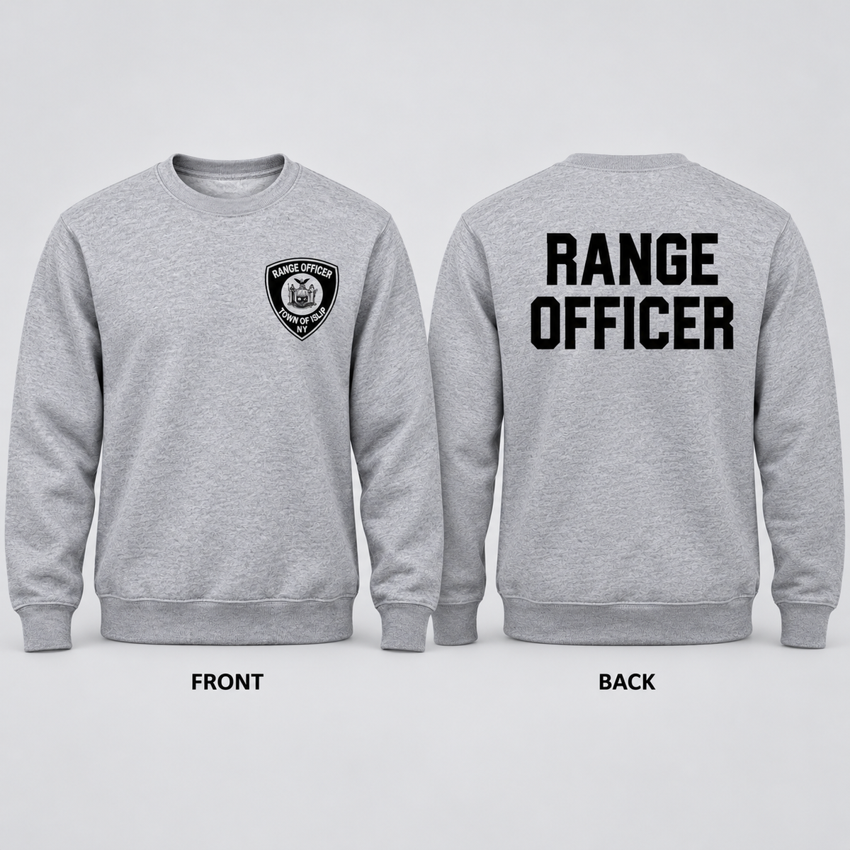 Town of Islip Range Officer Crewneck Sweatshirt - Heather Gray — front and back