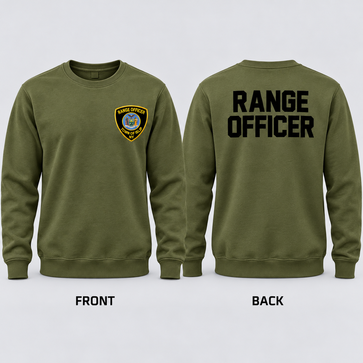 Town of Islip Range Officer Crewneck Sweatshirt - Olive — front and back