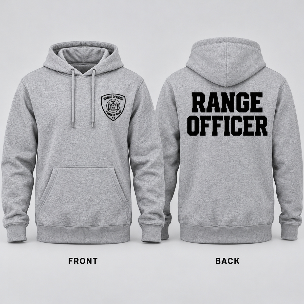 Town of Islip Range Officer Independent Trading Heavyweight Hoodie - Heather Gray — front and back