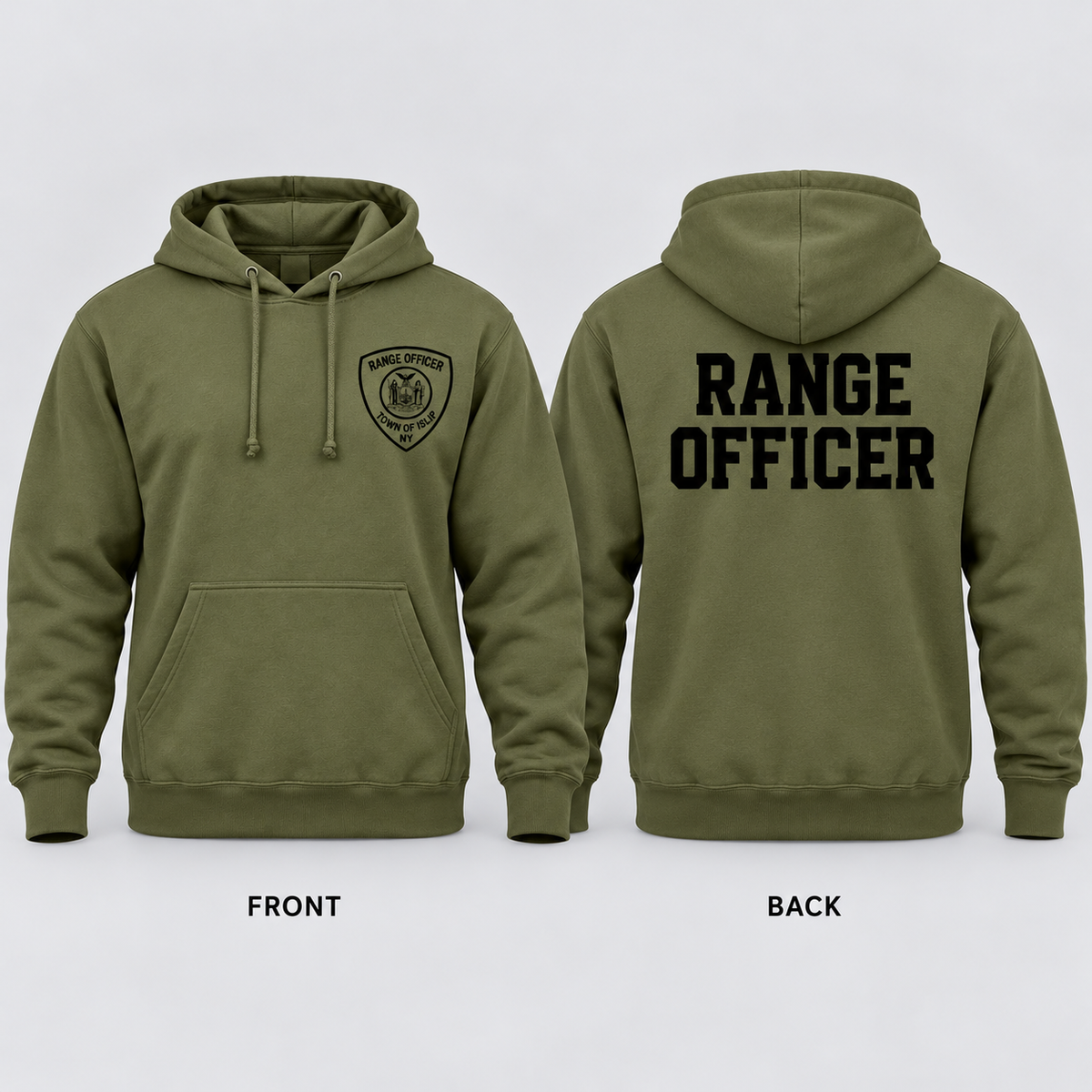 Town of Islip Range Officer Independent Trading Heavyweight Hoodie - Olive — front and back