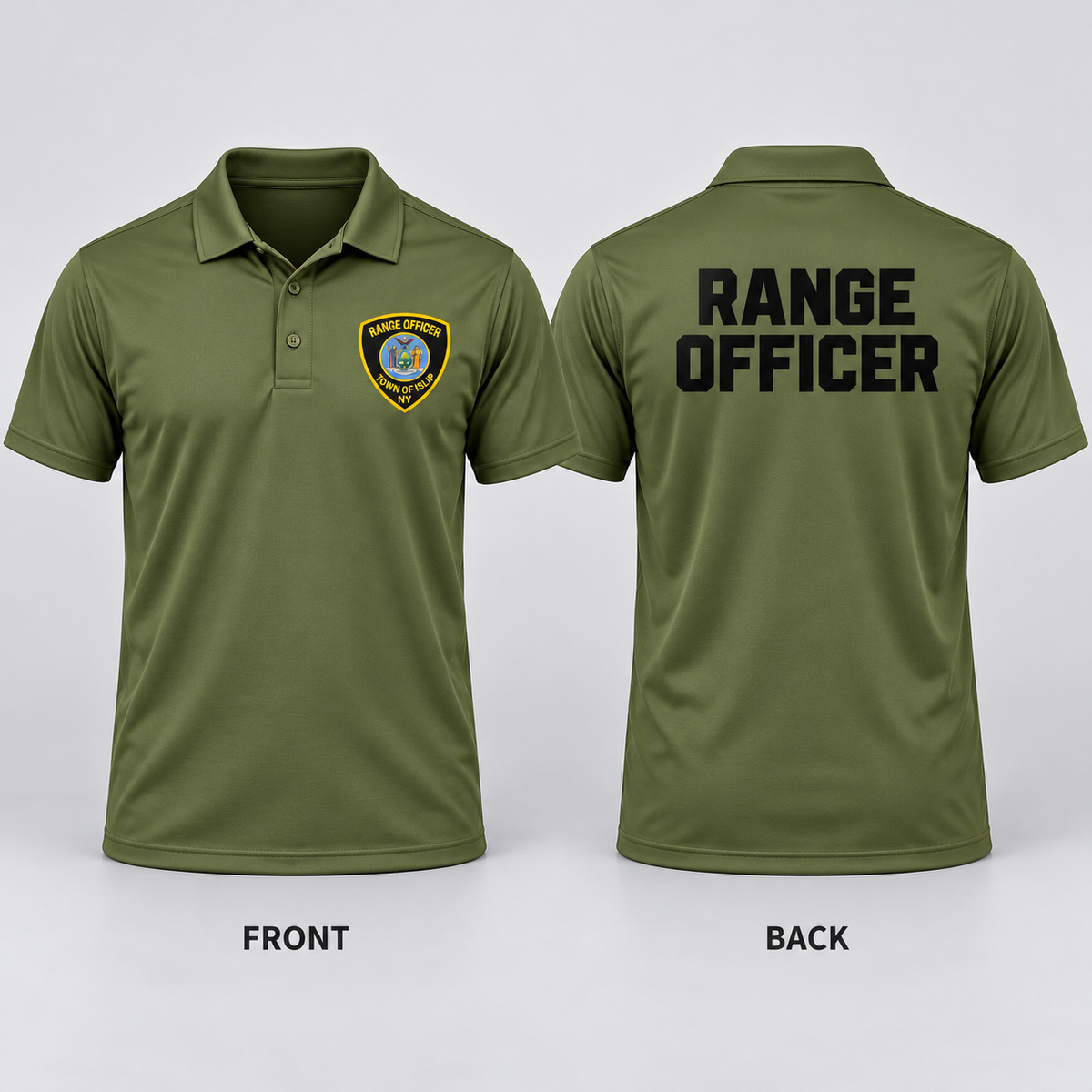 Town of Islip Range Officer Performance Golf Polo - Olive — front and back