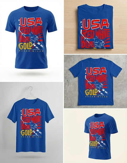 Red, White, Blue & Gold" 2026 Milan Commemorative Hockey T-Shirt