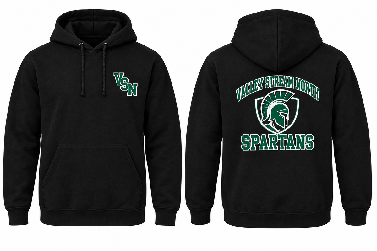 VALLEY STREAM NORTH SPARTANS black hoodie front and back