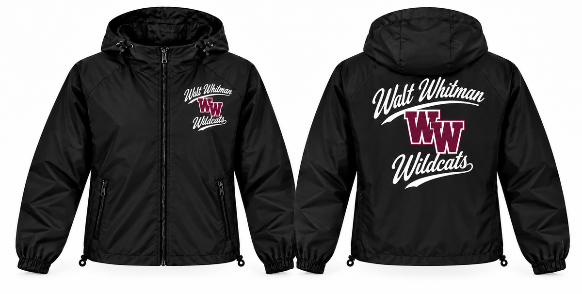 Walt Whitman Wildcats black full-zip windbreaker front and back