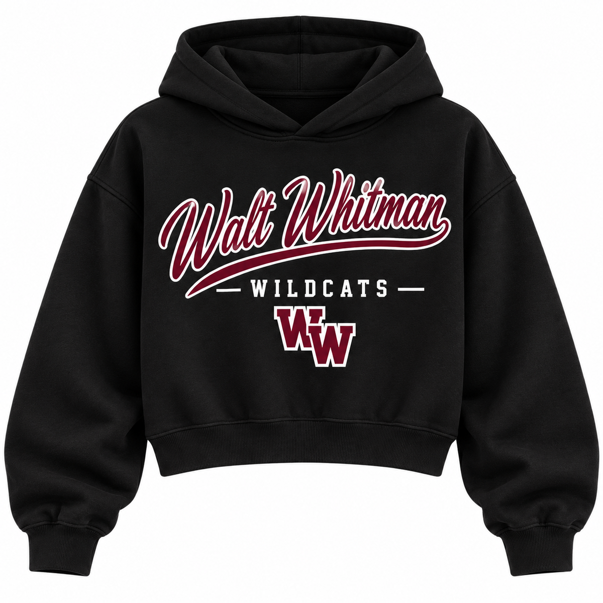 Walt Whitman Wildcats black cropped hoodie with heritage school script and varsity monogram on front