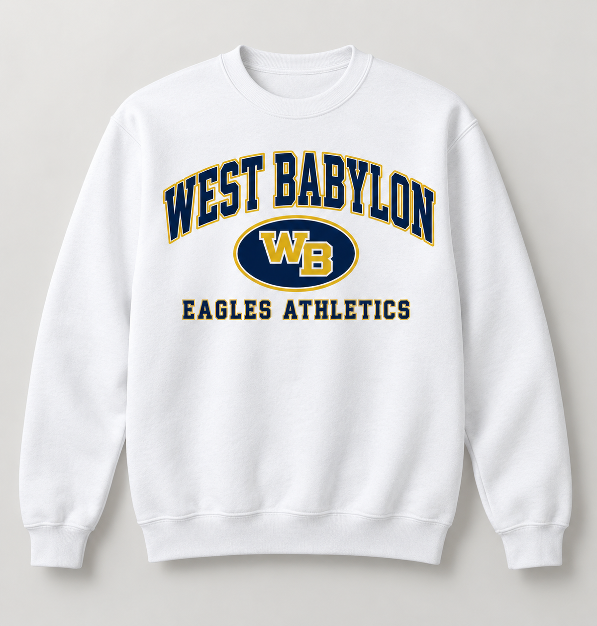 West Babylon Eagles Stadium Crest Crewneck Sweatshirt in White — front view