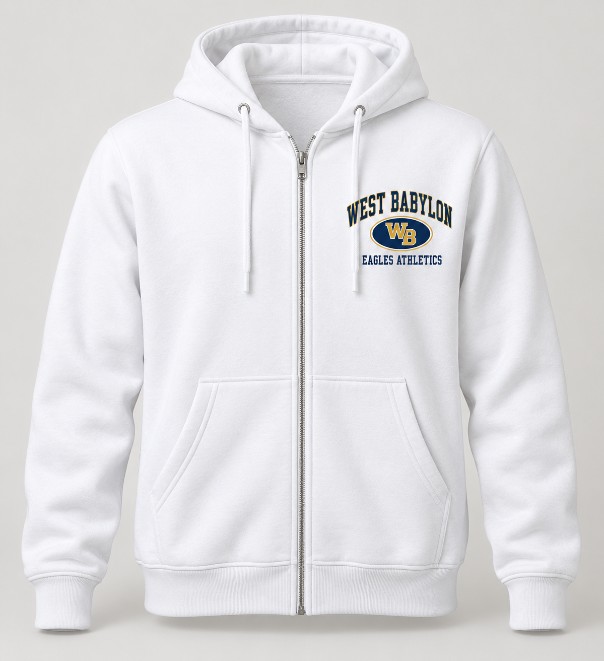 West Babylon Eagles Stadium Crest Zip Hoodie in White — front view