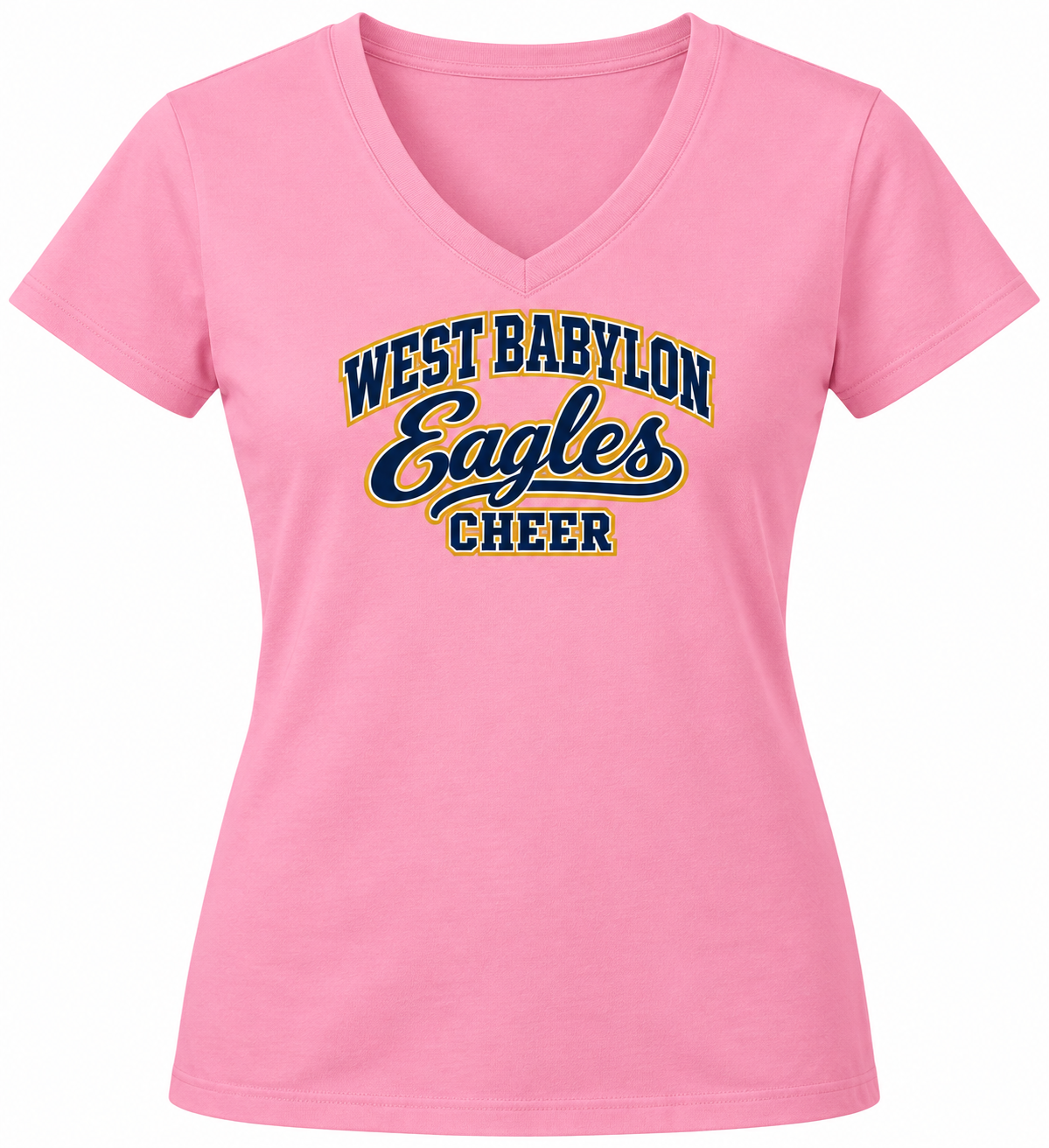 West Babylon Eagles Cheer women’s varsity-script V-neck in Candy Pink, navy, white and gold front lettering and plain back.