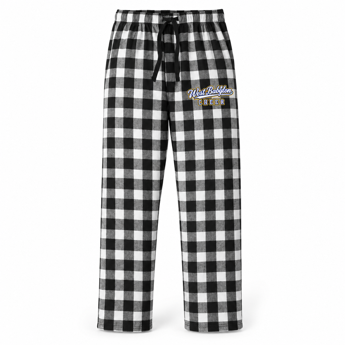 West Babylon Cheer Black/White Buffalo Check flannel pajama pants with collegiate script