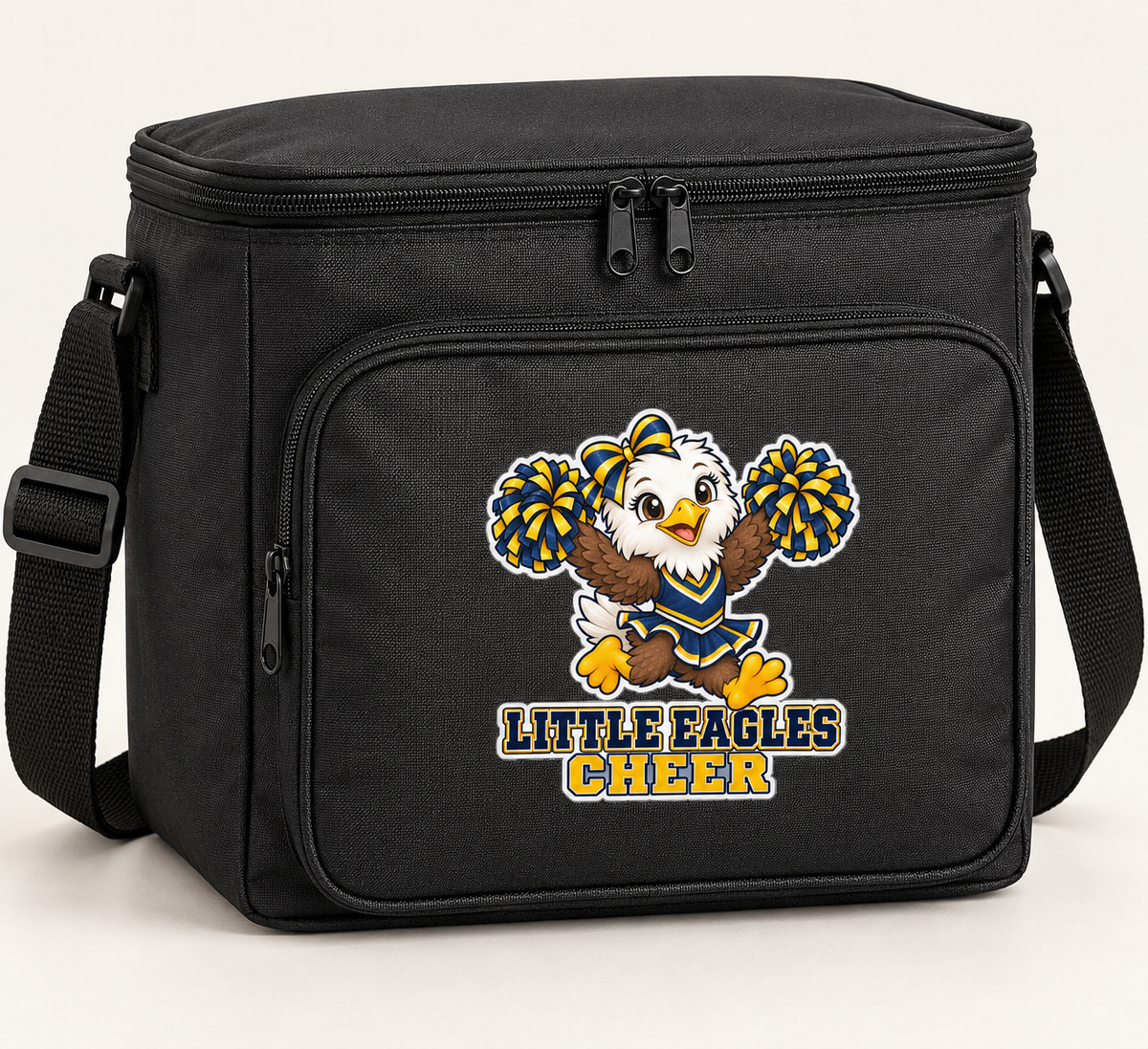Black West Babylon Little Eagles Cheer 12-can cooler with high-V eagle mascot