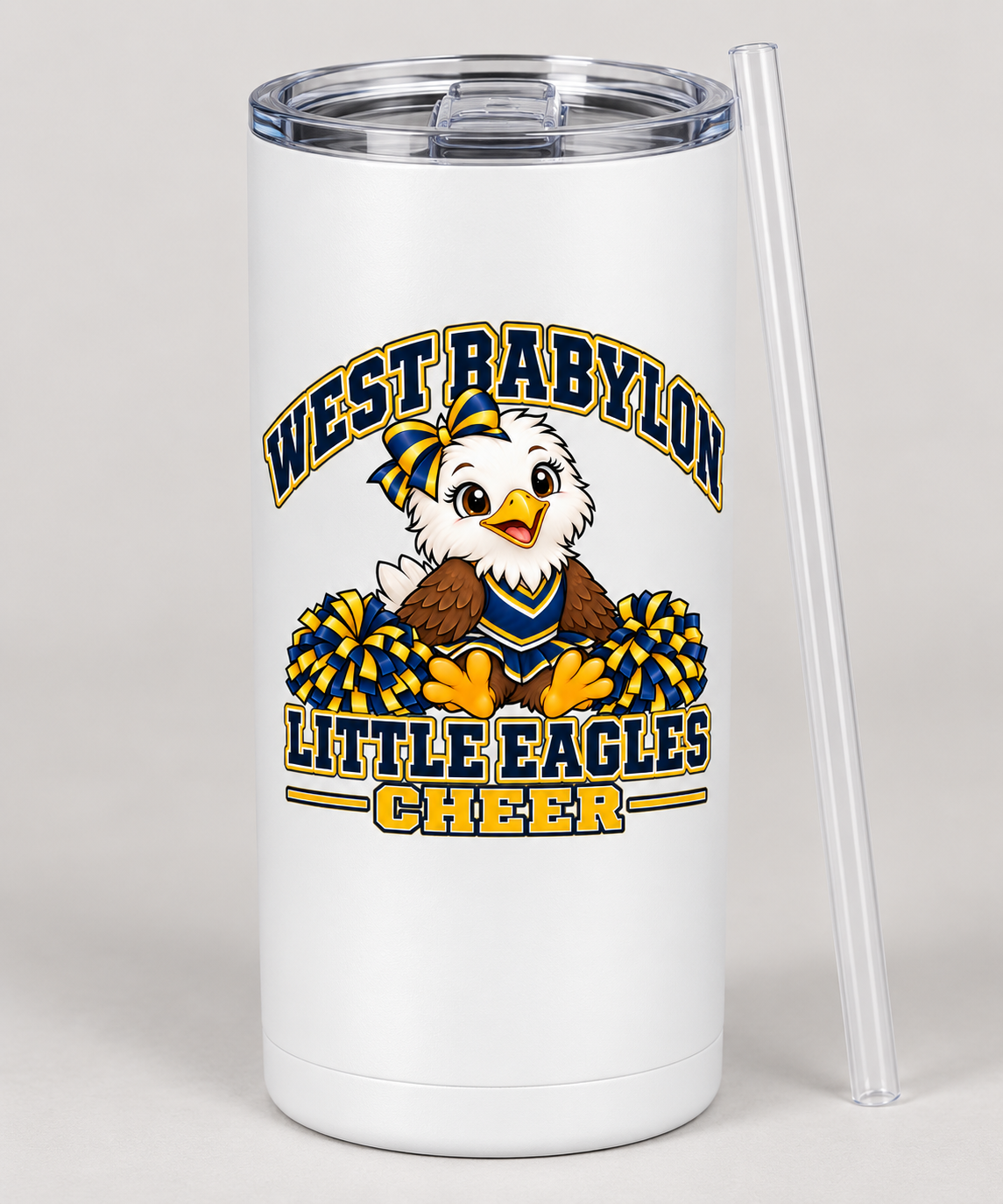 White 20 oz classic tumbler with West Babylon Little Eagles cheer mascot