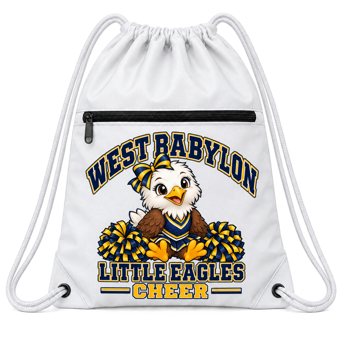 West Babylon Little Eagles Cheer white zip-pocket drawstring backpack