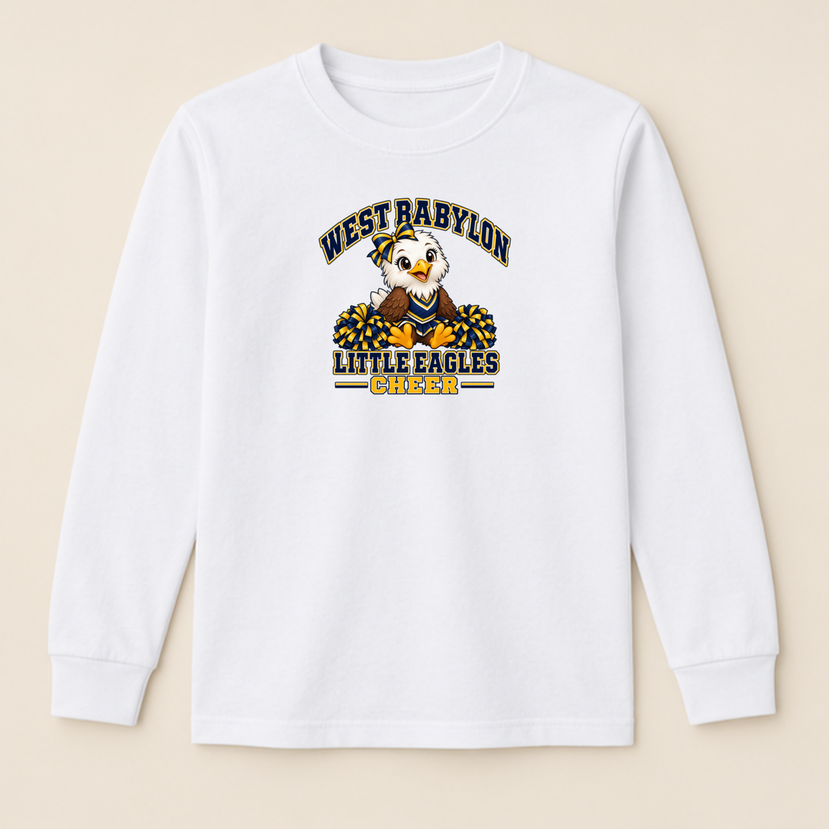 White West Babylon Little Eagles youth long-sleeve cheer shirt