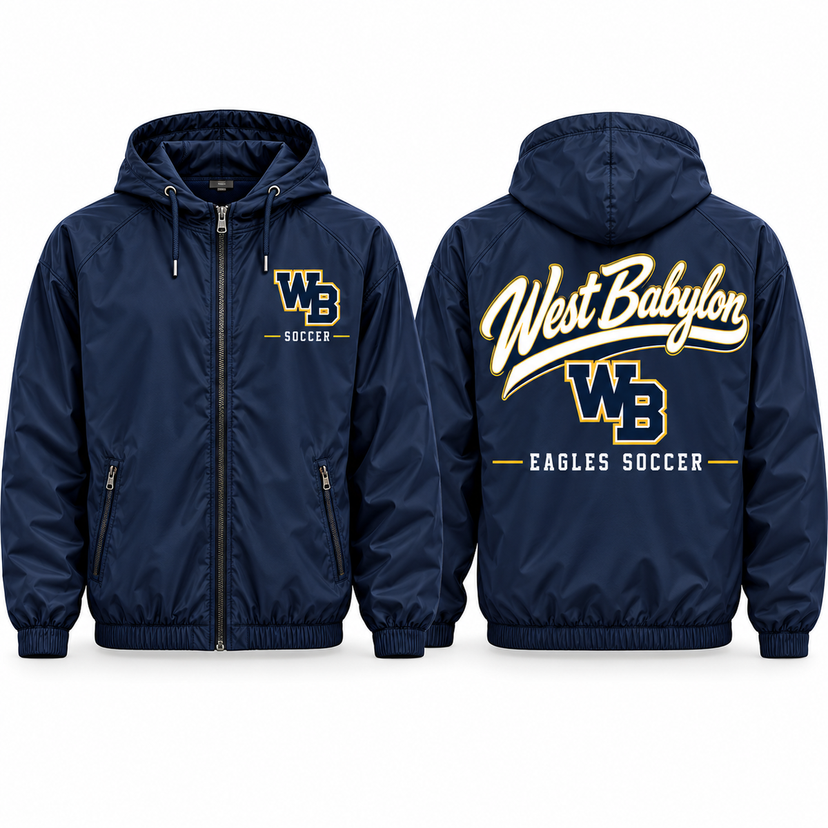 West Babylon Eagles Soccer Pro Script Full-Zip Windbreaker in Navy with navy gold and white collegiate artwork