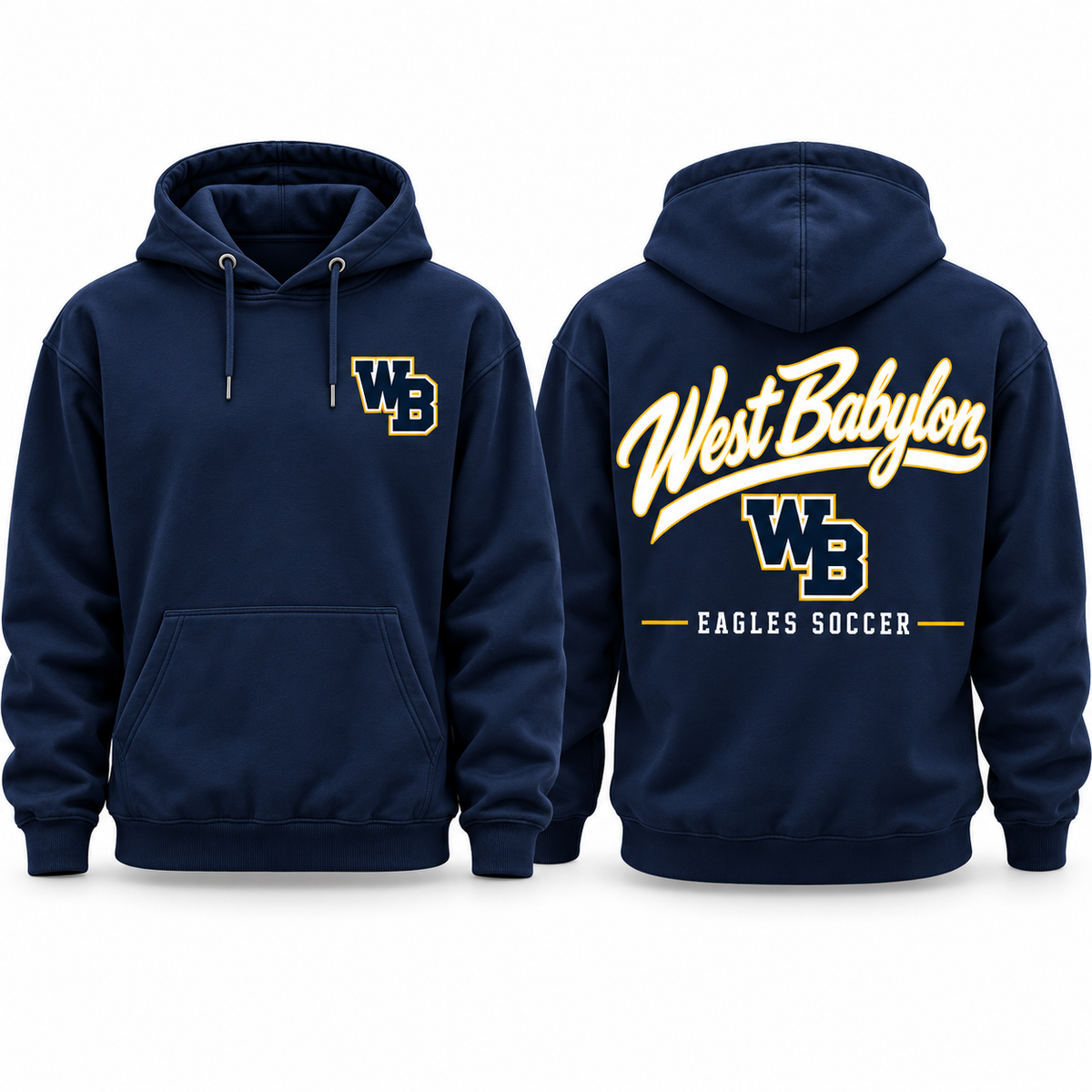 West Babylon Eagles Soccer Pro Script Chest-and-Back Hoodie in Navy with navy gold and white collegiate artwork
