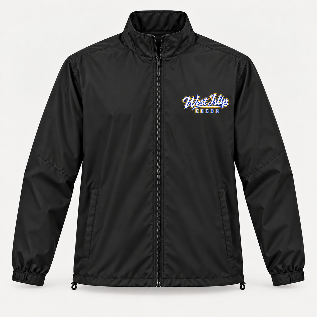 Black West Islip Cheer full-zip wind jacket with a small blue, gold and white script print on the left chest