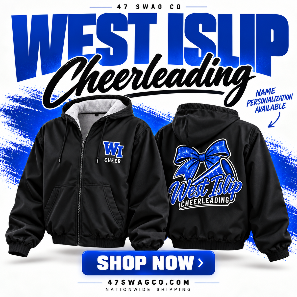 Front and back of West Islip Cheer black fleece-lined jacket with royal blue bow and megaphone