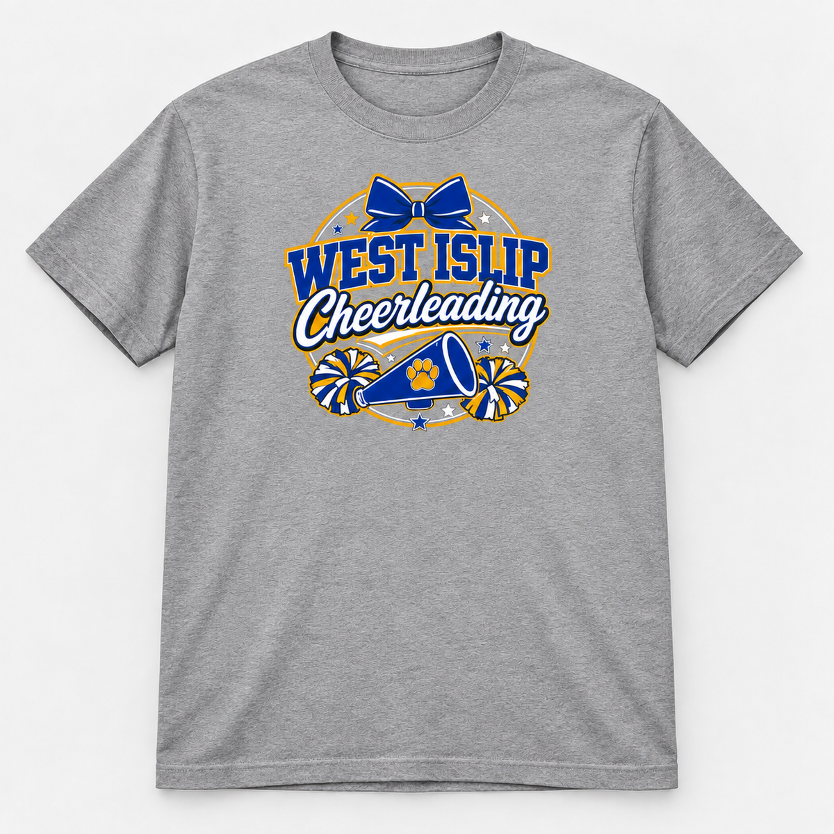 Heather Gray West Islip Cheerleading bow and megaphone T-shirt