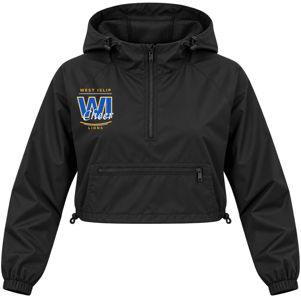 Black women's cropped quarter-zip windbreaker with West Islip WI Cheer left-chest design in royal blue, gold and white