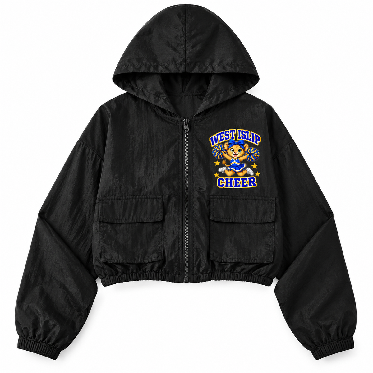 West Islip Cheer Little Lions Jumping Cub black youth cropped full-zip windbreaker front mockup