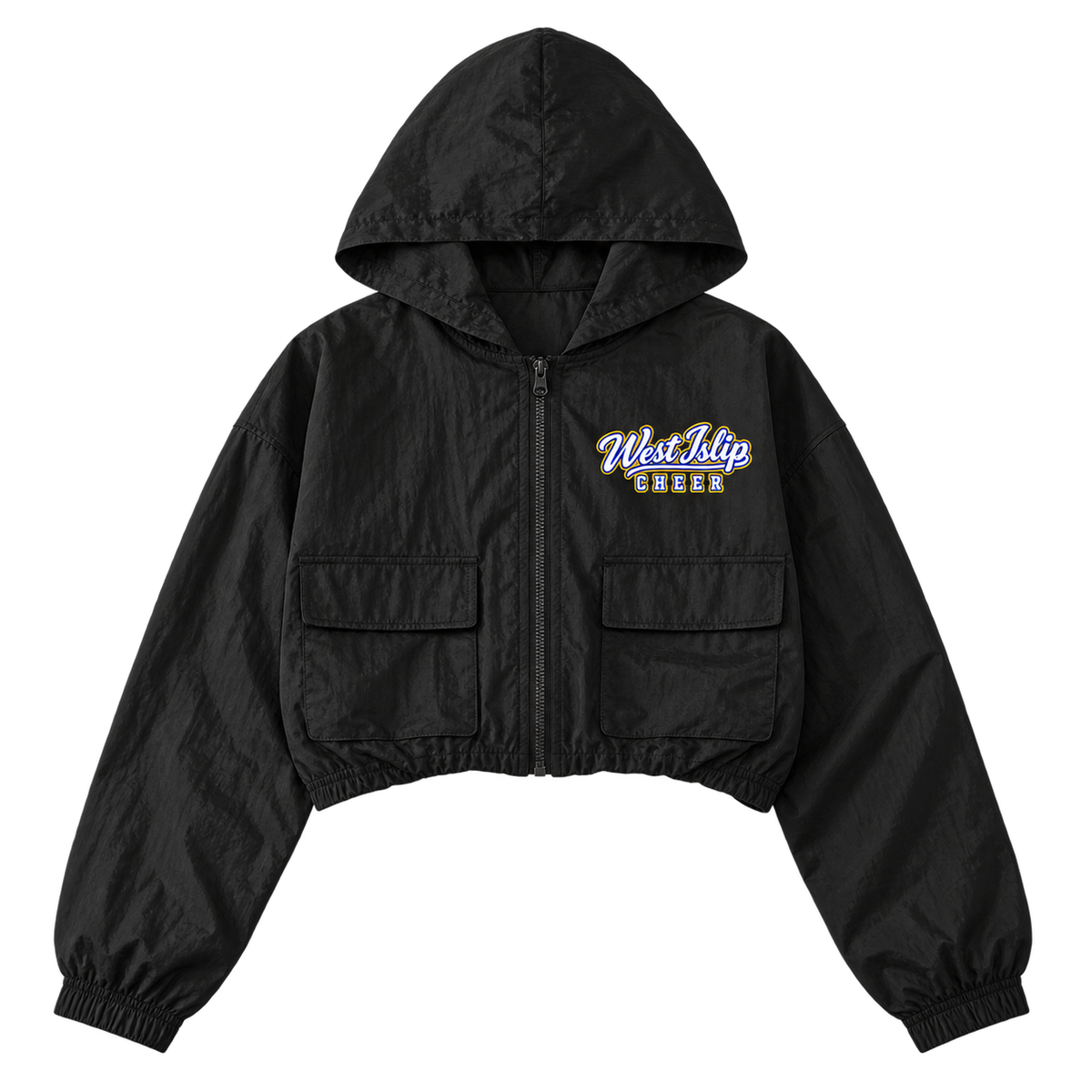 West Islip Cheer Collegiate Script black youth cropped full-zip windbreaker front mockup